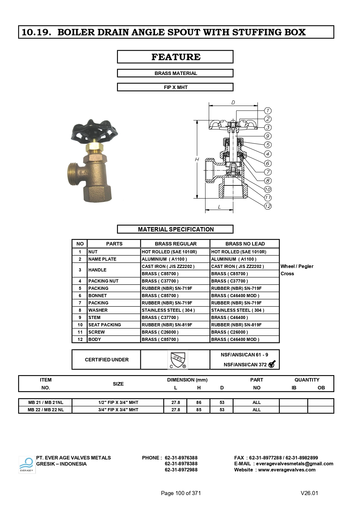 BOILER DRAIN ANGLE SPOUT WITH STUFFING BOX - MB 21 - MB 22